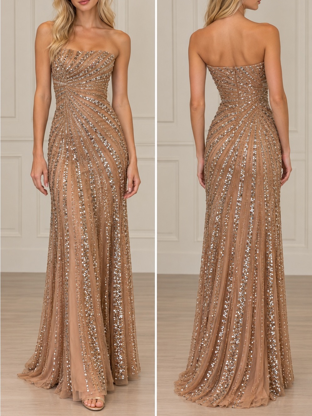 Sherri Hill Strapless Sequin Evening Gown in Tan with Silver Accents